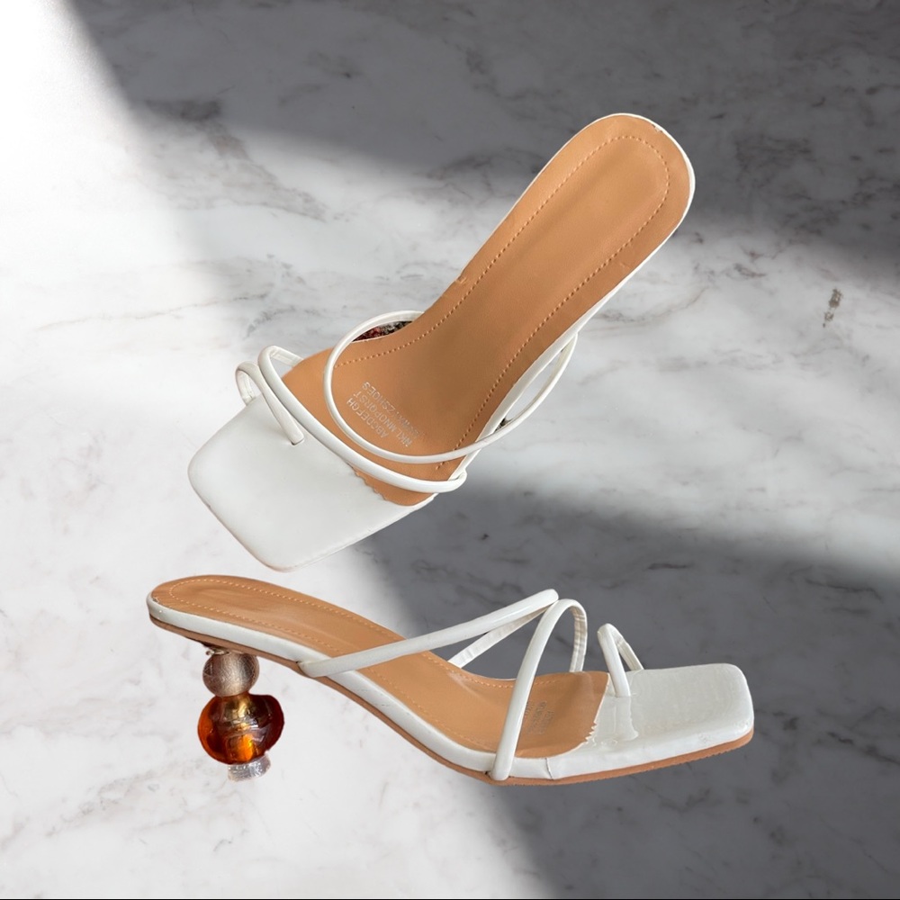 SHEIN Thin Strap Sculptural Mule Heel Sandals.